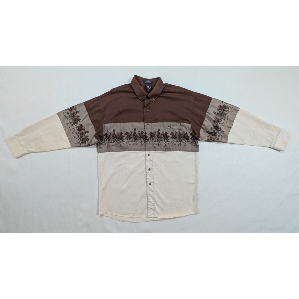 Panhandle Slim Men's Button Down Shirt Western Horse Brown Cream Large L